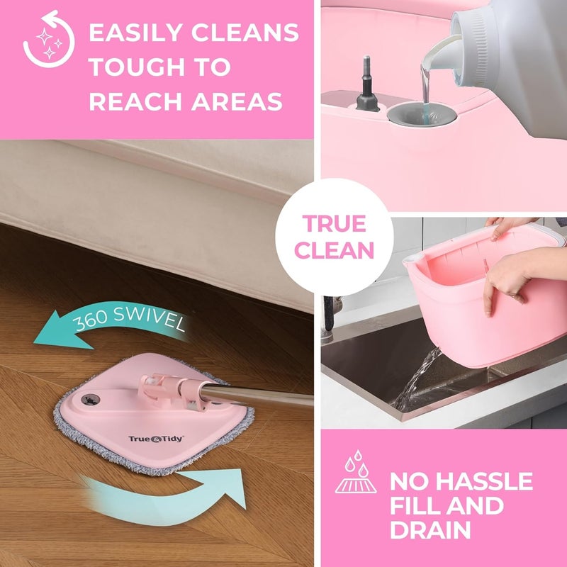 True & Tidy ممسحة دوارة مربعة ودلو ممسحة ذكية مع أقسام منفصلة للمياه النظيفة والوسخة، نسخة مطورة 2025 مع فرشاة جانبية ومقبض قائم بذاته، وردي - Image 5